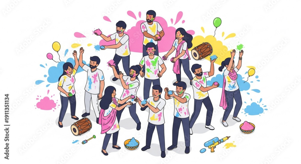Fototapeta premium Diverse group of people celebrating Holi festival throwing colored powder and playing music flat vector illustration for festive events 