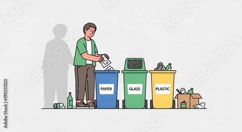 Man sorting waste into recycling bins for paper glass and plastic concept of environmental protection and sustainability flat vector ill