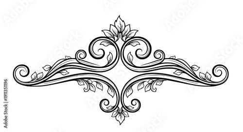 Ornate black and white floral scrollwork divider element featuring intricate baroque swirls and stylized leaves in a symmetrical design on transparent background
