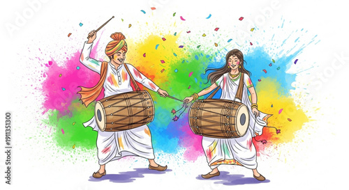 Indian couple playing dhol drums during Holi festival colorful powder explosion traditional celebration and music concept isolated on wh