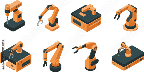 Industrial robotic arm machines set illustration with automated factory equipment, mechanical manipulators and smart manufacturing technology systems