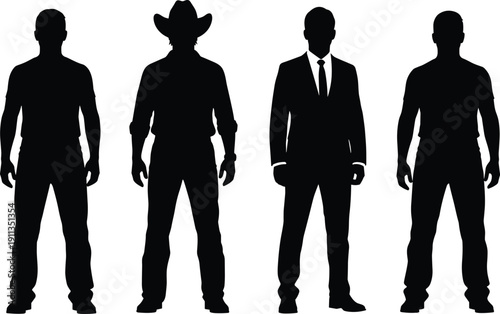 Silhouette illustration of four standing men in different outfits including casual, cowboy, and business suit, lifestyle diversity, fashion styles, character concept isolated on white background