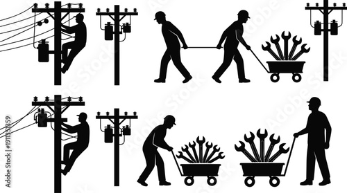 Silhouette illustration of electrical line workers repairing power poles and transporting tools, depicting utility maintenance teamwork, safety, infrastructure service, and industrial labor concept