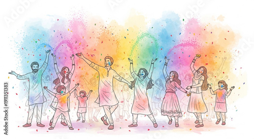 Happy people celebrating Holi festival with colorful powder joyful family and friends dancing vibrant illustration for festive events