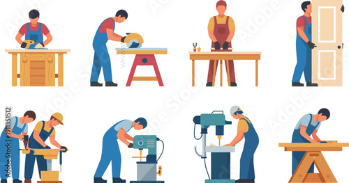 Woodworking carpenters set illustration showing craftsmen using power tools, cutting machines, assembling furniture and installing wooden doors