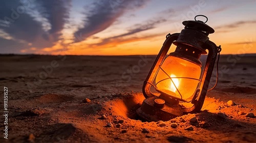 Vintage oil lamp on sand in desert at sunset with warm orange light