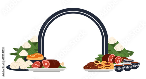 Ramadan Kareem and Eid al-Fitr Background with Traditional Food, Ketupat, Dates, and Cookies on Arch Frame Copy Space