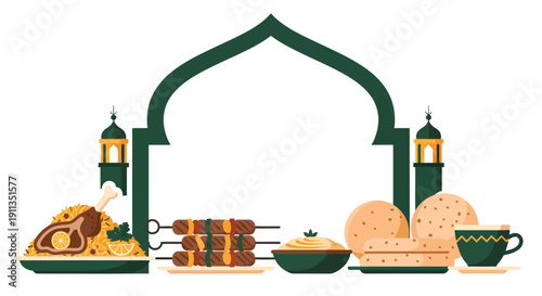 Arabic Iftar Food Illustration with Lamb Biryani, Kebab, Pita Bread, and Hummus under Islamic Mosque Arch for Ramadan and Eid Mubarak