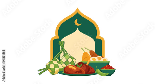 Indonesian Eid Al-Fitr Traditional Food Illustration with Ketupat and Beef Rendang on Islamic Frame