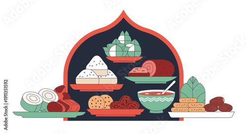 Islamic Celebration Feast with Dates, Ketupat, and Traditional Snacks on Mosque Arch Background