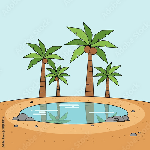Desert oasis with palm trees and reflection in clear water