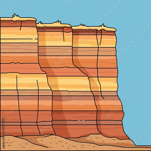 Layered sandstone cliff with vegetation against blue sky