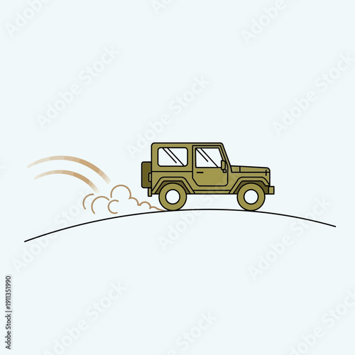 Off-road jeep driving on a hill, kicking up dust