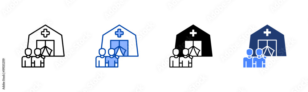 Fototapeta premium Crisis Shelter Solid color and black line drawing vector illustration set