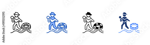 Rescue Operation  Solid color and black line drawing vector illustration set