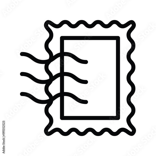 A minimalist line drawing of a postage stamp with a rectangular frame and wavy lines emanating from the left side, suggesting movement or wind. Mail Single Line Icon.