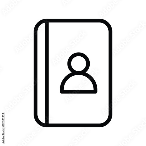 A minimalist line art icon representing a contact book or address book with a stylized person silhouette on its cover. Mail Single Line Icon.