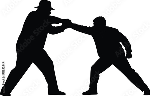 Two men fighting silhouettes in dramatic confrontation pose, physical conflict and self defense action isolated on white background, danger, violence, struggle, power, security concept