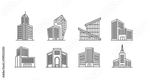 Collection of modern architectural building line art illustrations.