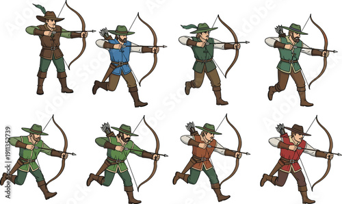 Medieval archer character collection featuring fantasy huntsmen and forest outlaws with bows and arrows isolated on white background for gaming and historical illustrations.