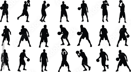 Large collection of basketball player silhouettes in various action poses including dribbling and shooting isolated on white background for sports marketing and athletic design