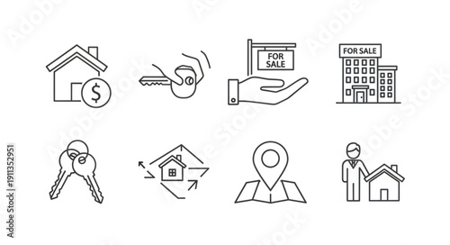Real Estate Icons Representing Home Buying Selling and Location.
