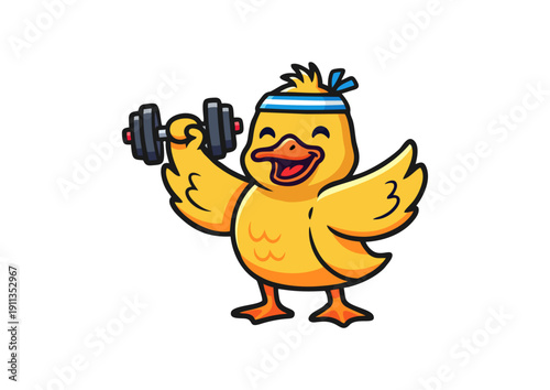 Funny yellow duck lifting dumbbells. Flat cartoon animal illustration for fitness motivation, gym branding, workout apps, stickers, and healthy lifestyle designs.