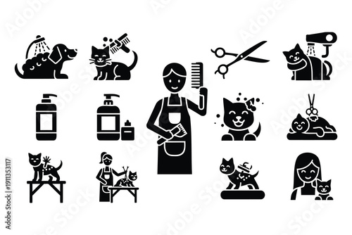Detailed pet grooming and care icon set featuring cats and dogs with grooming tools and services isolated
