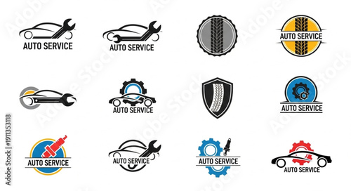 Collection of car service and auto repair logos and emblems.