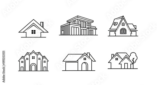 Collection of six different house illustrations in black and white outline style.