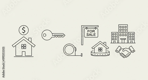 Real Estate Icons Set For Sale House Key Money Building.