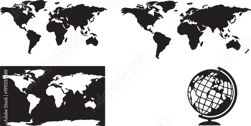World Map and Globe Silhouettes for Global Concepts Isolated on white background
