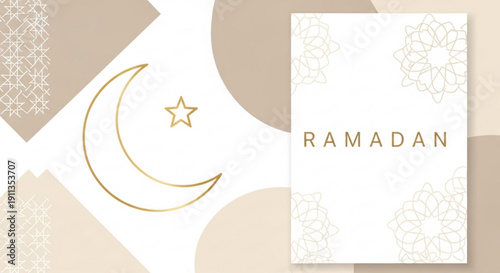 Ramadan greeting card with crescent moon and star on beige background