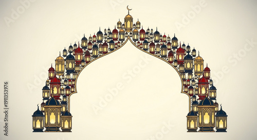 Islamic lantern archway with colorful domes and crescent moon on top for ramadan decoration