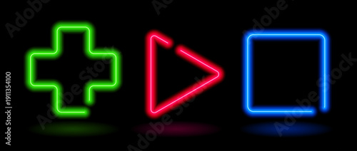 Shining neon geometric frames. Glowing plus, triangle and square led lamp border collection. Shiny illuminated fluorescent green, red and blue signs for banner, text box, poster template. Vector
