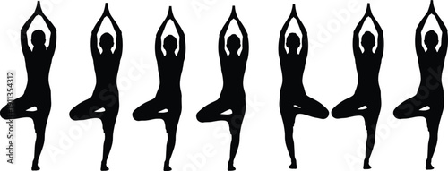 Yoga tree pose silhouette sequence showing balance and meditation, black isolated human figures practicing wellness, mindfulness, flexibility and body control exercise concepts