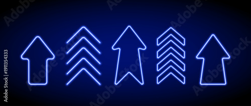 Bright blue neon up arrow element. Glowing led upward direction sign. Shine tube lamps in arrowhead shape. Luminous fluorescent rise symbol for banner, poster, logo. Vector neon led light illustration