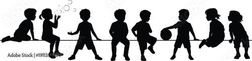 Large set of children silhouettes sitting on a line blowing bubbles and playing with a ball, happy childhood friends group vector