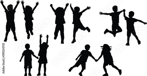 Large set of happy children silhouettes jumping with arms up holding hands and playing, active childhood celebration vector illustration collection
