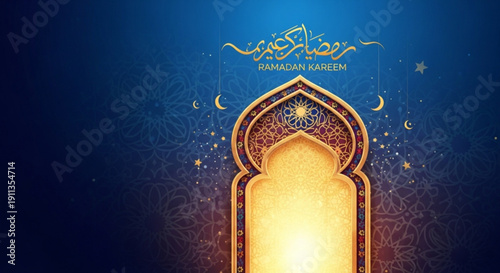 Ramadan kareem greeting card with arabic calligraphy and crescent moons on a blue background with golden archway