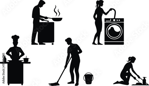 Large set of people doing household chores silhouettes with cooking in kitchen cleaning floor laundry and vacuuming home maintenance vector illustration