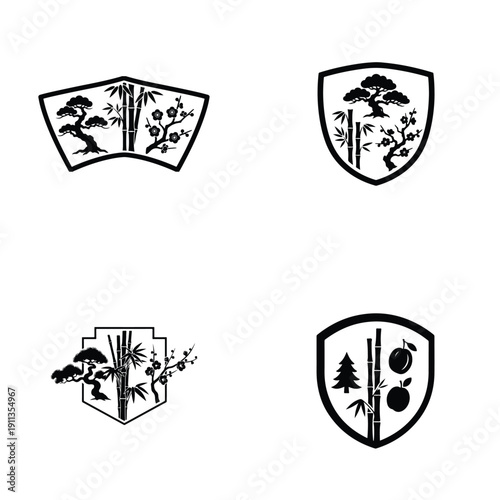 Japanese pine bamboo and plum crest vector icons set isolated on white for asian culture design