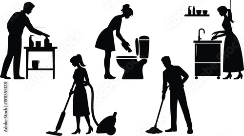 Large set of people doing household cleaning silhouettes with vacuuming mopping washing dishes and cleaning toilet bathroom maintenance vector illustration