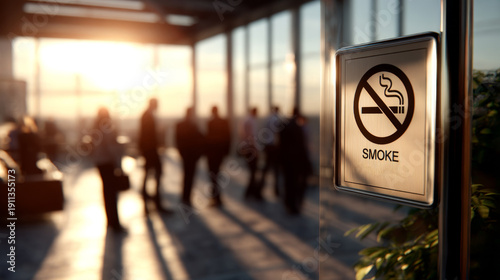 Promoting Healthy Work Environments - Smoke-Free Workplace Campaign in a Busy Office during Golden Hour, Medium Shot with Hi-Detail and Flat Lay