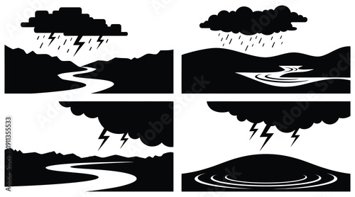 Thunderstorm landscape silhouettes with river, lightning and storm clouds for weather icons