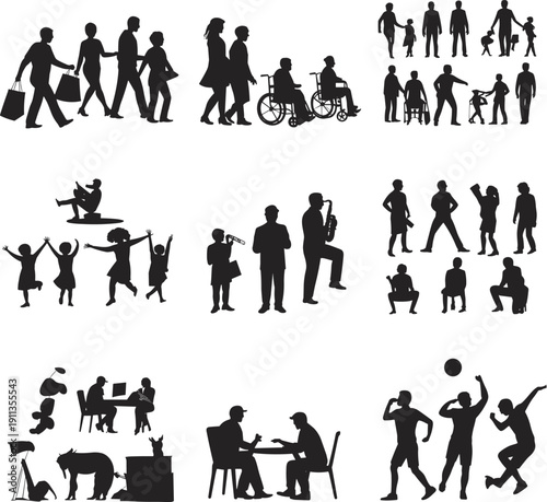 Large Vector Collection of People Silhouettes Including Families Shopping Musicians Disabled Individuals Children Playing and Athletes Isolated on White Background