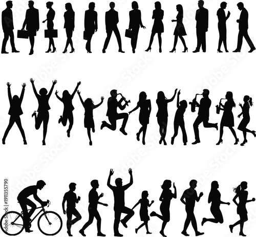 Mega collection of human silhouettes featuring business professionals musicians jumping people and athletes cycling and running isolated on a white background