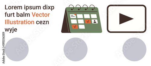 Task management, scheduling, productivity, online meetings, project planning, multimedia. Green calendar with checkmarks and a play button icon. Task management and scheduling concepts