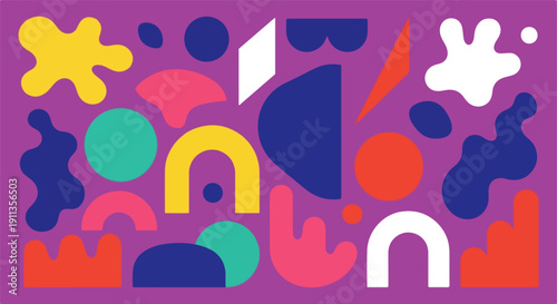 Abstract vector pattern with playful organic and geometric shapes in yellow, teal, coral, and navy on a vibrant purple background, ideal for social media or website banners.