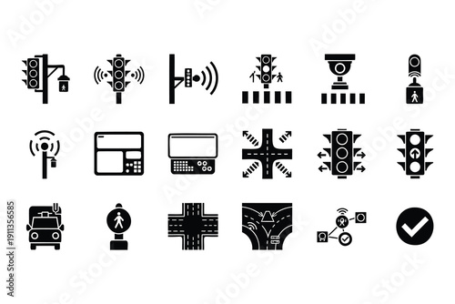 Modern collection of traffic management and smart city technology icons featuring traffic lights cameras and road signs